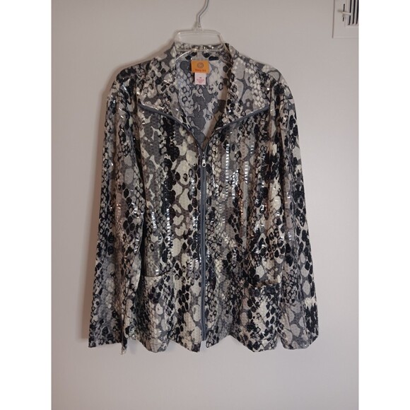 Ruby Rd Zip Up Blazer Jacket Animal Print Sz 16 Sequin Detail Black / Grey - Picture 1 of 5